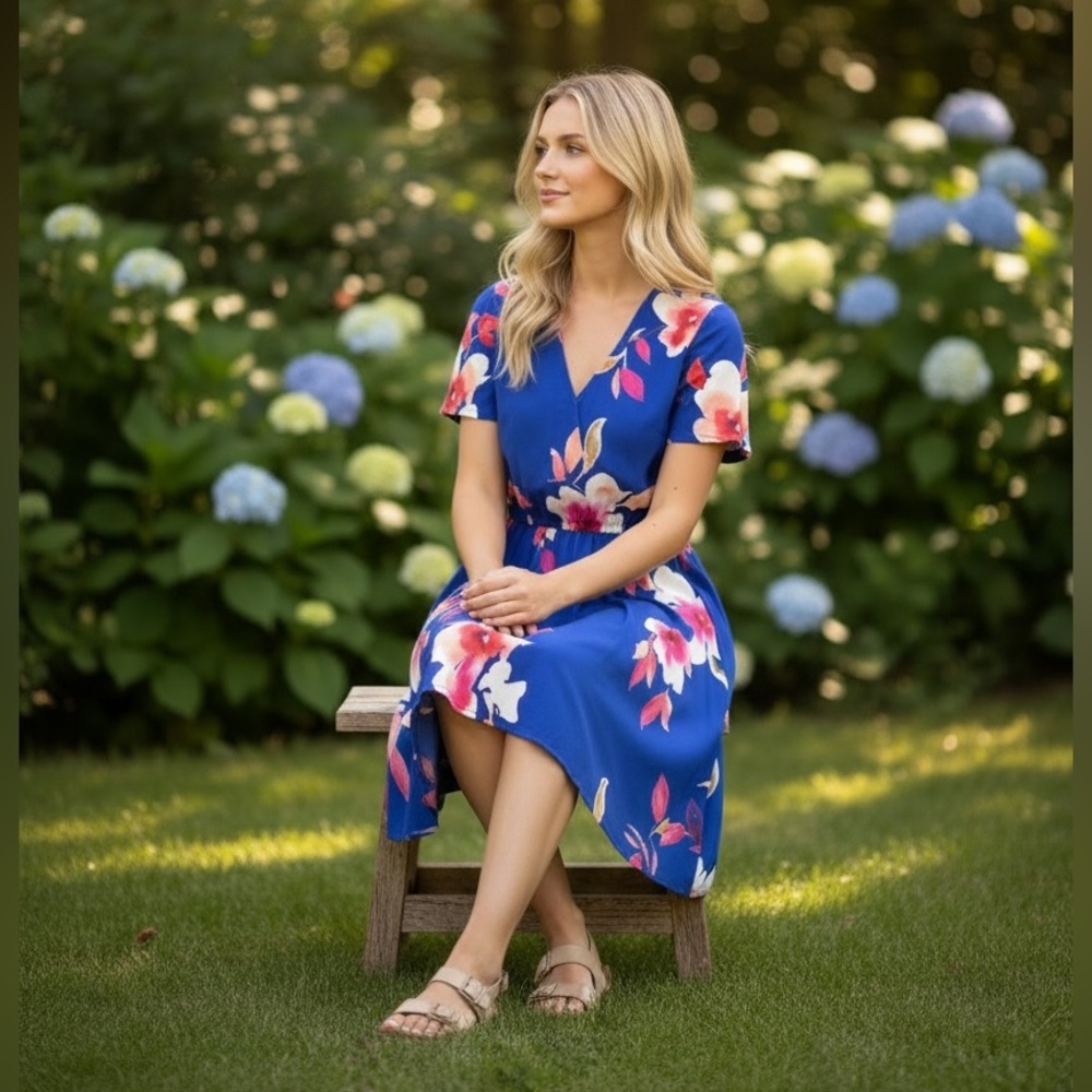 {Sienna Sky} Blue Floral Faux Wrap Dress XS